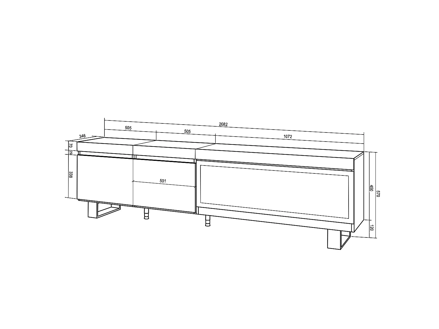 Meuble TV, Banc Télé, 208x35x57cm, Pour les TV jusqu'à 80", Cheminée électrique XXL, Design industriel, Noir