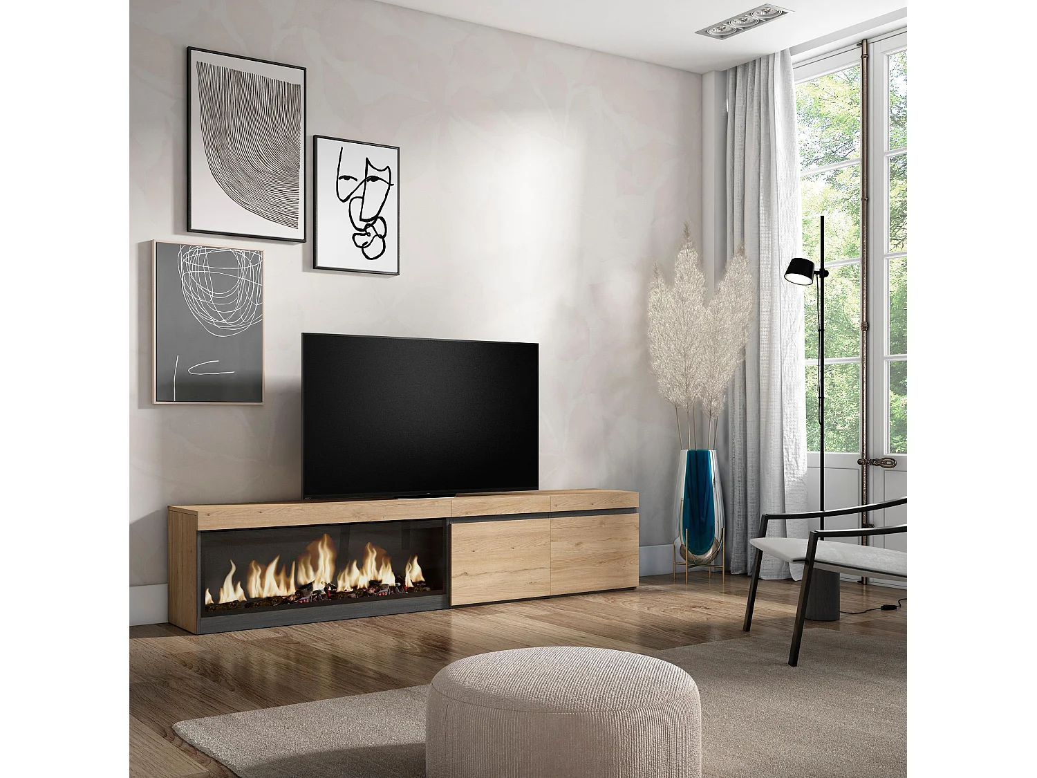 TV-Schrank, Lowboard, 208x35x45cm, Für TV-Geräte bis zu 80", Elektrokamin XXL, Eiche