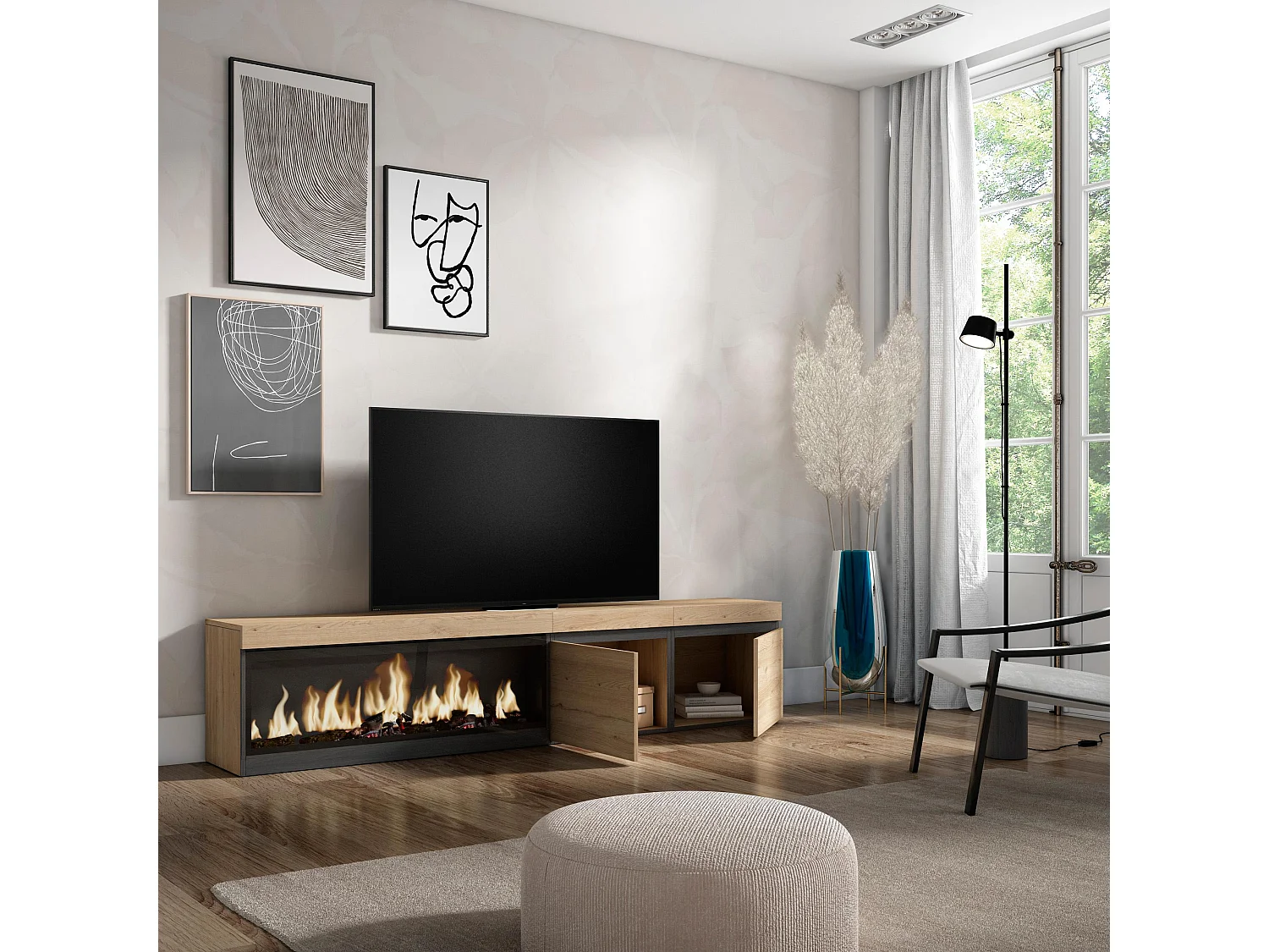 TV-Schrank, Lowboard, 208x35x45cm, Für TV-Geräte bis zu 80", Elektrokamin XXL, Eiche