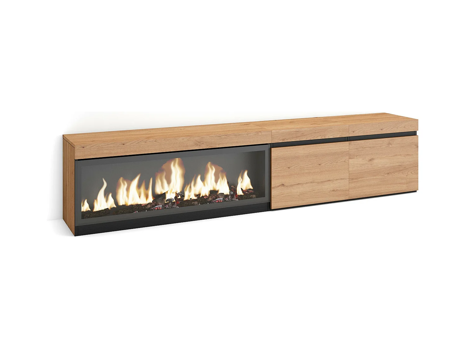 Meuble TV, Banc Télé, 208x35x45cm, Pour les TV jusqu'à 80", Cheminée électrique XXL, Chêne