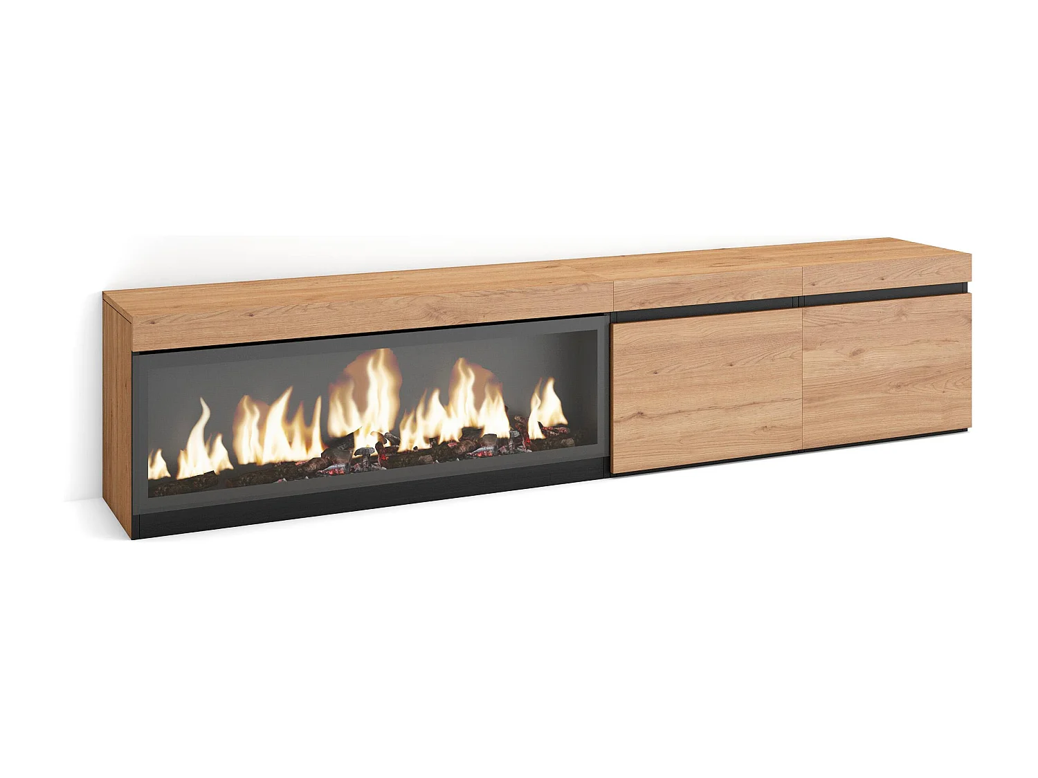 Meuble TV, Banc Télé, 208x35x45cm, Pour les TV jusqu'à 80", Cheminée électrique XXL, Chêne