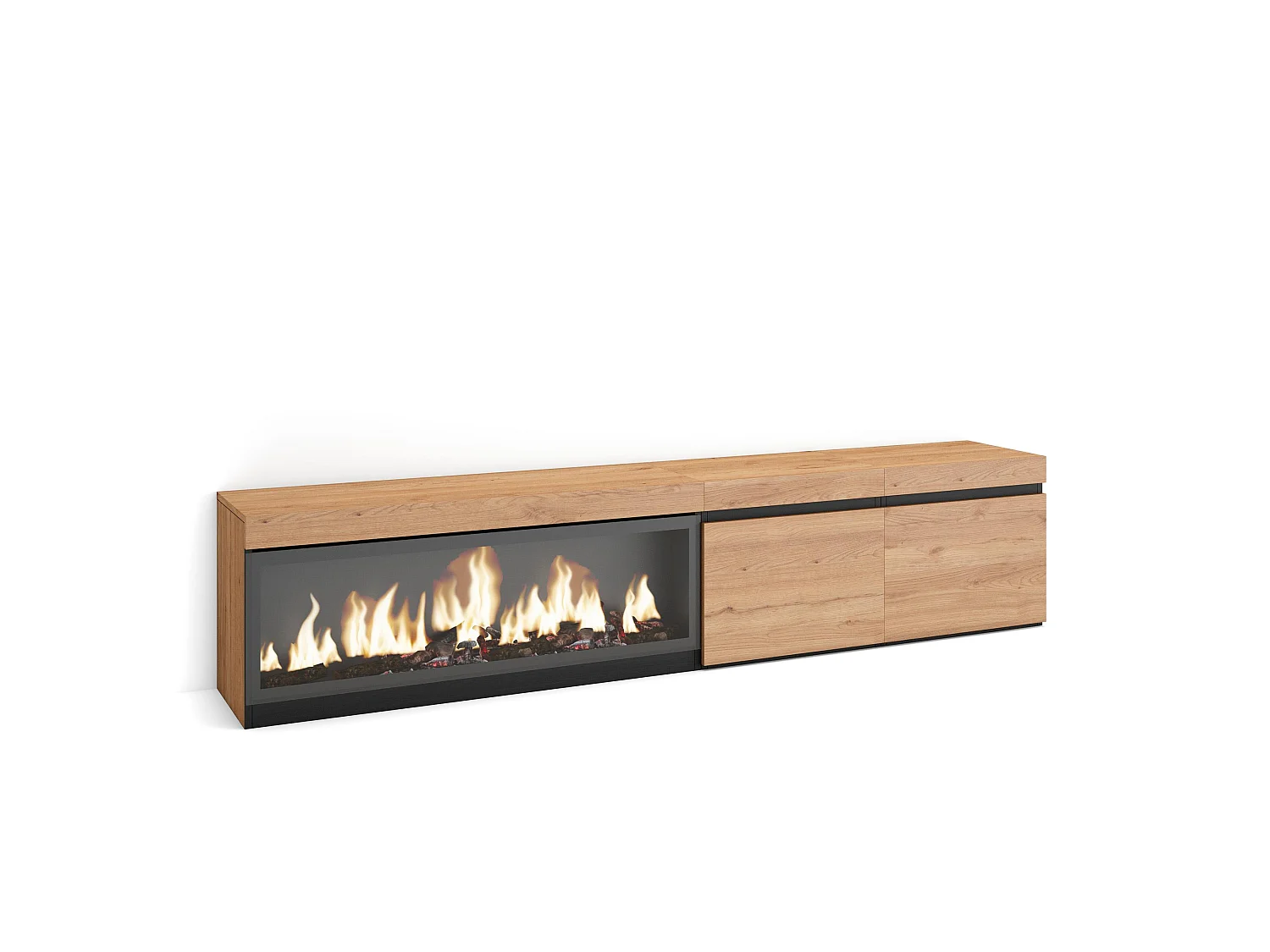 TV-Meubel, Lowboard, 208x35x45cm, Voor tv's tot 80", Elektrische haard XXL, Eiken