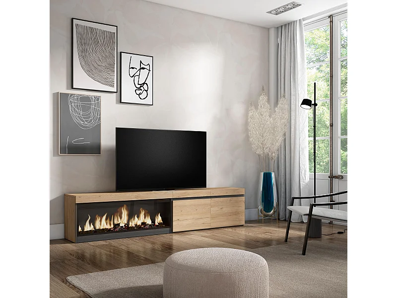 Meuble TV, Banc Télé, 208x35x45cm, Pour les TV jusqu'à 80", Cheminée électrique XXL, Chêne