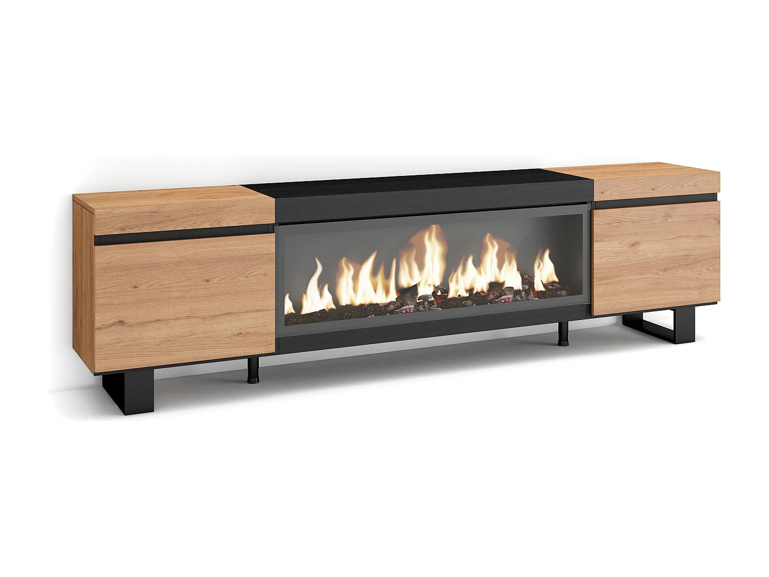 TV-Meubel, Lowboard, 208x35x57cm, Voor tv's tot 80", Elektrische haard XXL, Industrieel design, Eiken/Zwart