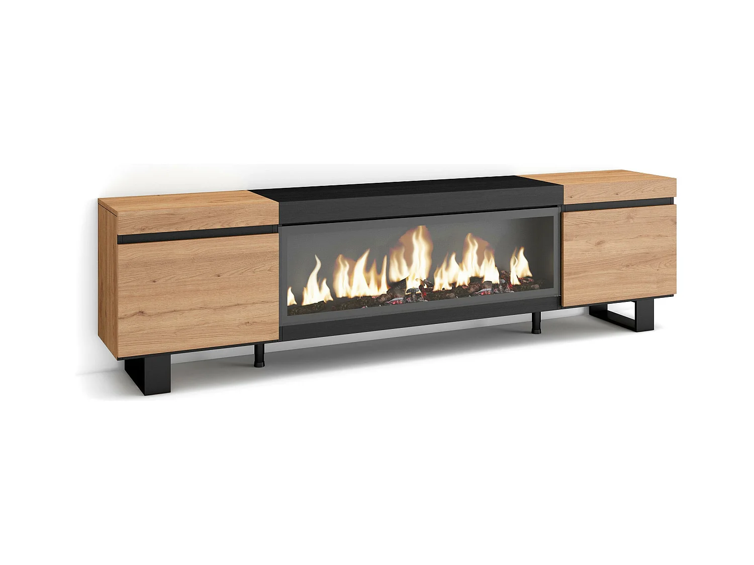 Meuble TV, Banc Télé, 208x35x57cm, Pour les TV jusqu'à 80", Cheminée électrique XXL, Design industriel, Chêne et noir