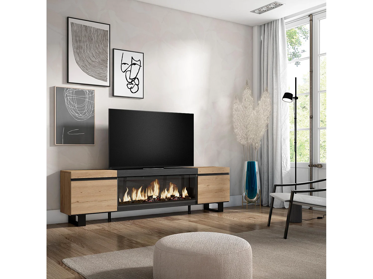 Meuble TV, Banc Télé, 208x35x57cm, Pour les TV jusqu'à 80", Cheminée électrique XXL, Design industriel, Chêne et noir