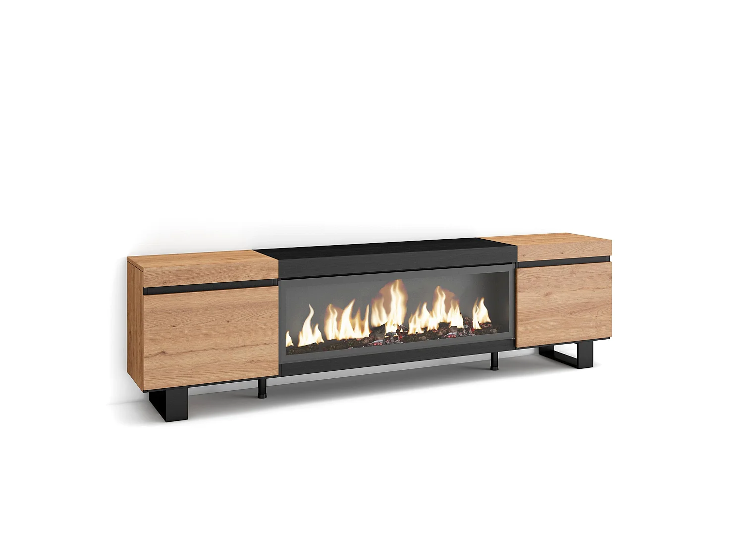 Meuble TV, Banc Télé, 208x35x57cm, Pour les TV jusqu'à 80", Cheminée électrique XXL, Design industriel, Chêne et noir