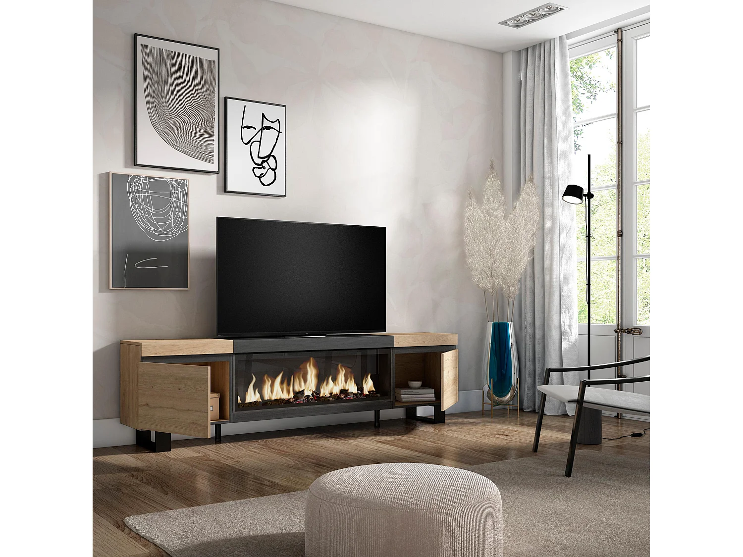 Meuble TV, Banc Télé, 208x35x57cm, Pour les TV jusqu'à 80", Cheminée électrique XXL, Design industriel, Chêne et noir