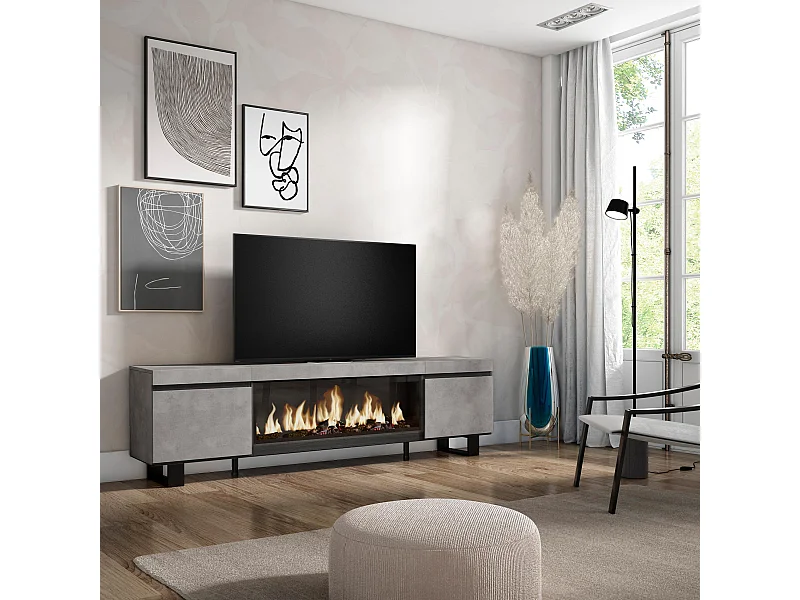 Meuble TV, Banc Télé, 208x35x57cm, Pour les TV jusqu'à 80", Cheminée électrique XXL, Design industriel, Ciment