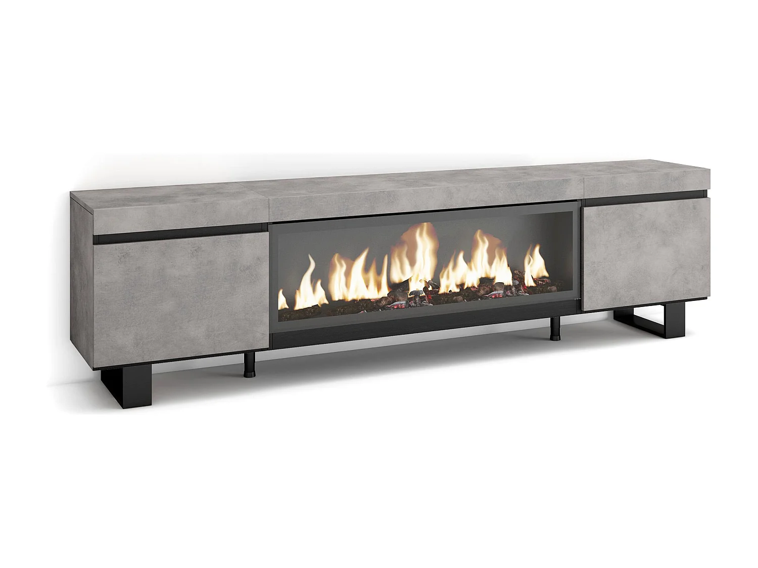 Meuble TV, Banc Télé, 208x35x57cm, Pour les TV jusqu'à 80", Cheminée électrique XXL, Design industriel, Ciment