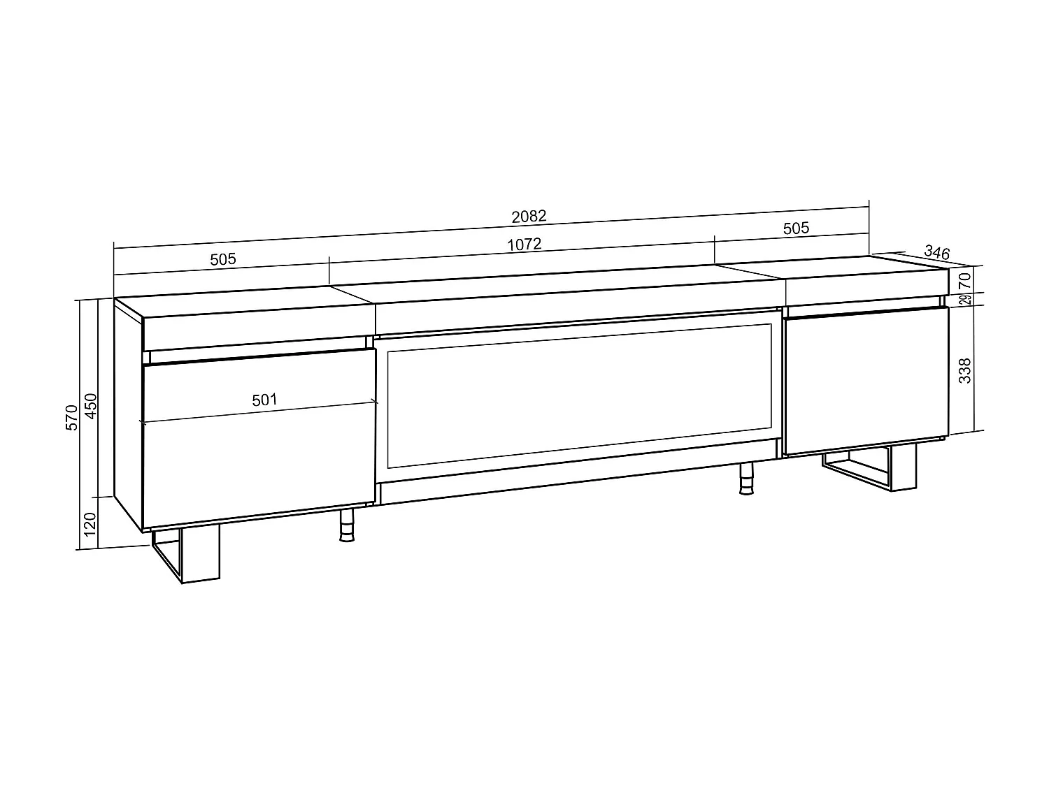 Meuble TV, Banc Télé, 208x35x57cm, Pour les TV jusqu'à 80", Cheminée électrique XXL, Design industriel, Ciment