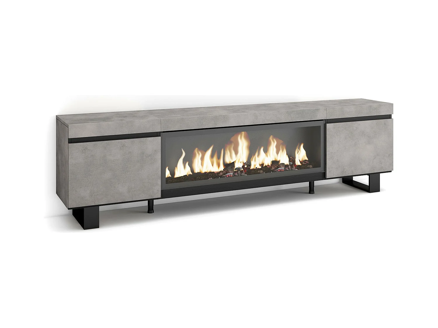 Meuble TV, Banc Télé, 208x35x57cm, Pour les TV jusqu'à 80", Cheminée électrique XXL, Design industriel, Ciment
