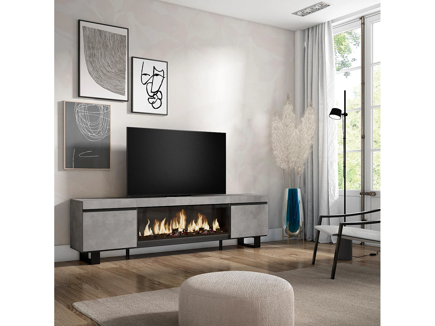 TV-Meubel, Lowboard, 208x35x57cm, Voor tv's tot 80", Elektrische haard XXL, Industrieel design, Cement