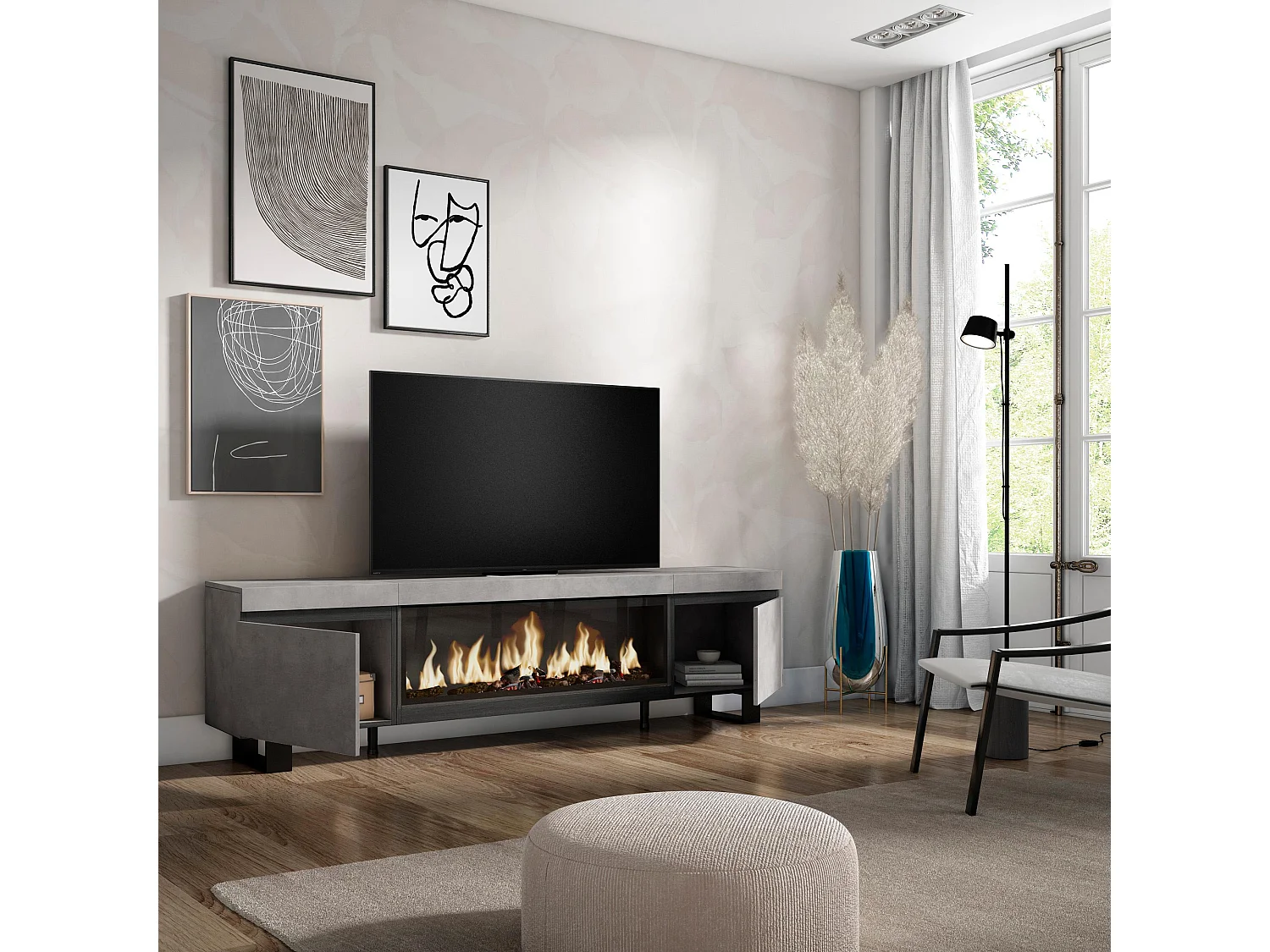 TV-Meubel, Lowboard, 208x35x57cm, Voor tv's tot 80", Elektrische haard XXL, Industrieel design, Cement