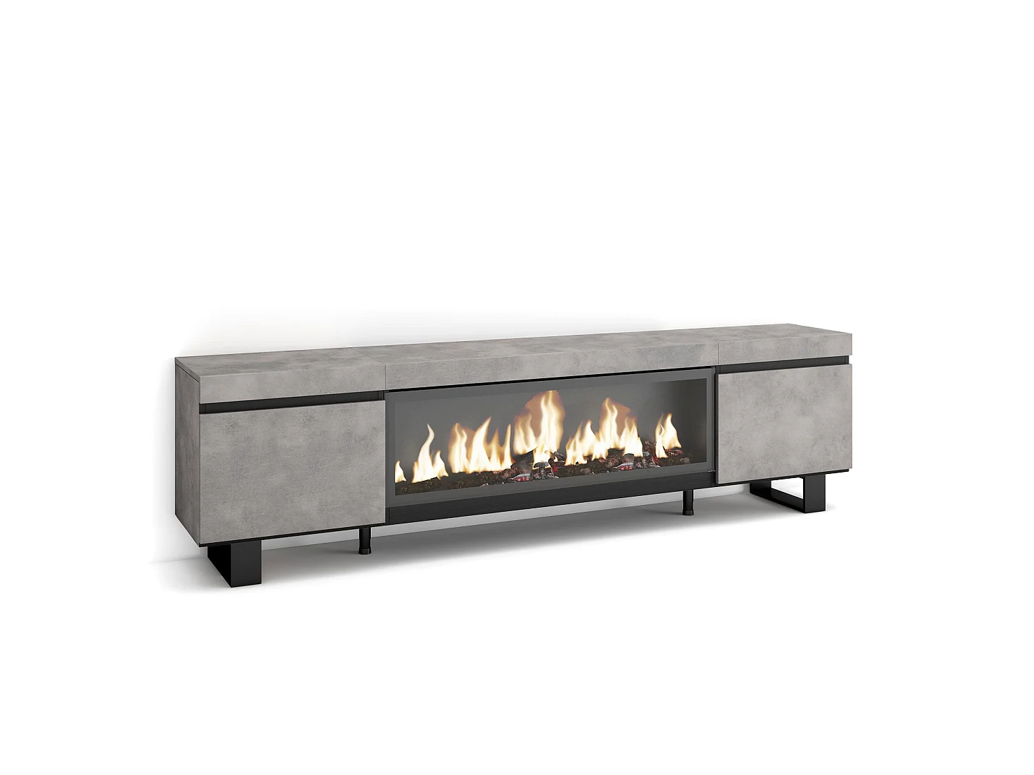 TV-Schrank, Lowboard, 208x35x57cm, Für TV-Geräte bis zu 80", Elektrokamin XXL, Industriedesign, Zement