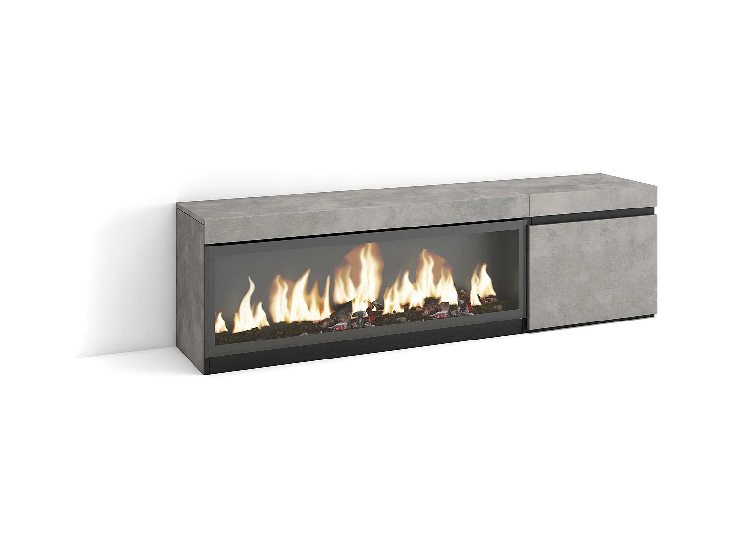 Meuble TV, Banc Télé, 158x35x45cm, Pour les TV jusqu'à 65", Cheminée électrique XXL, Ciment