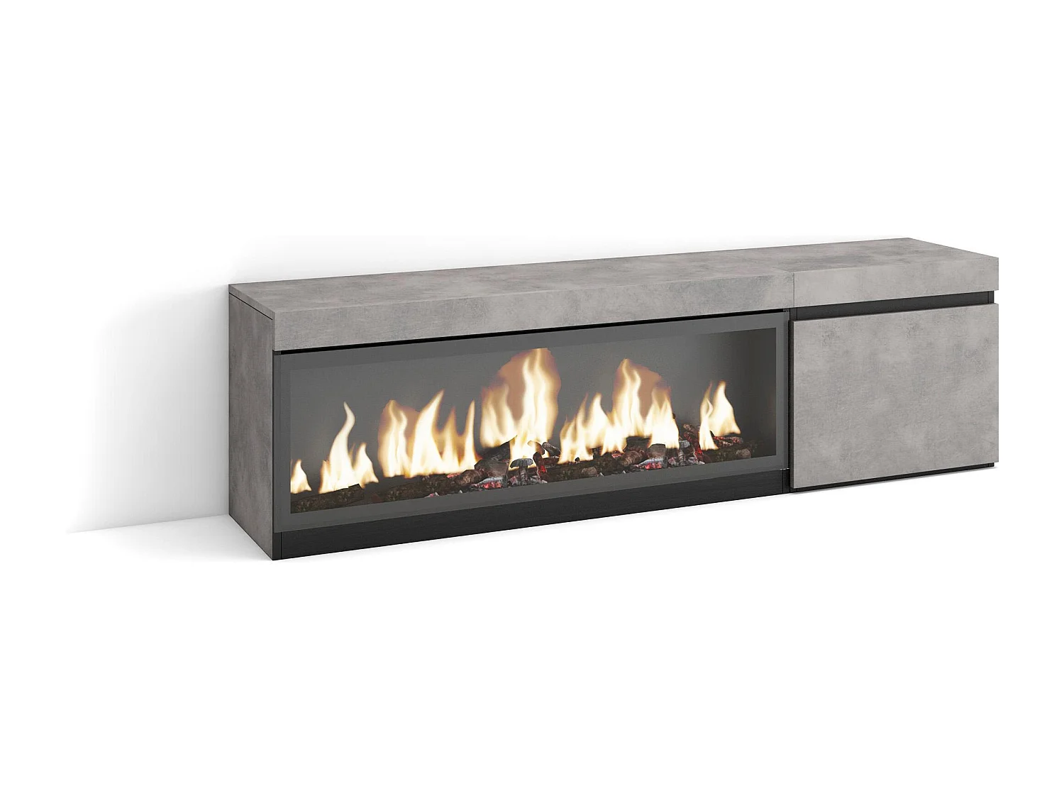 Meuble TV, Banc Télé, 158x35x45cm, Pour les TV jusqu'à 65", Cheminée électrique XXL, Ciment