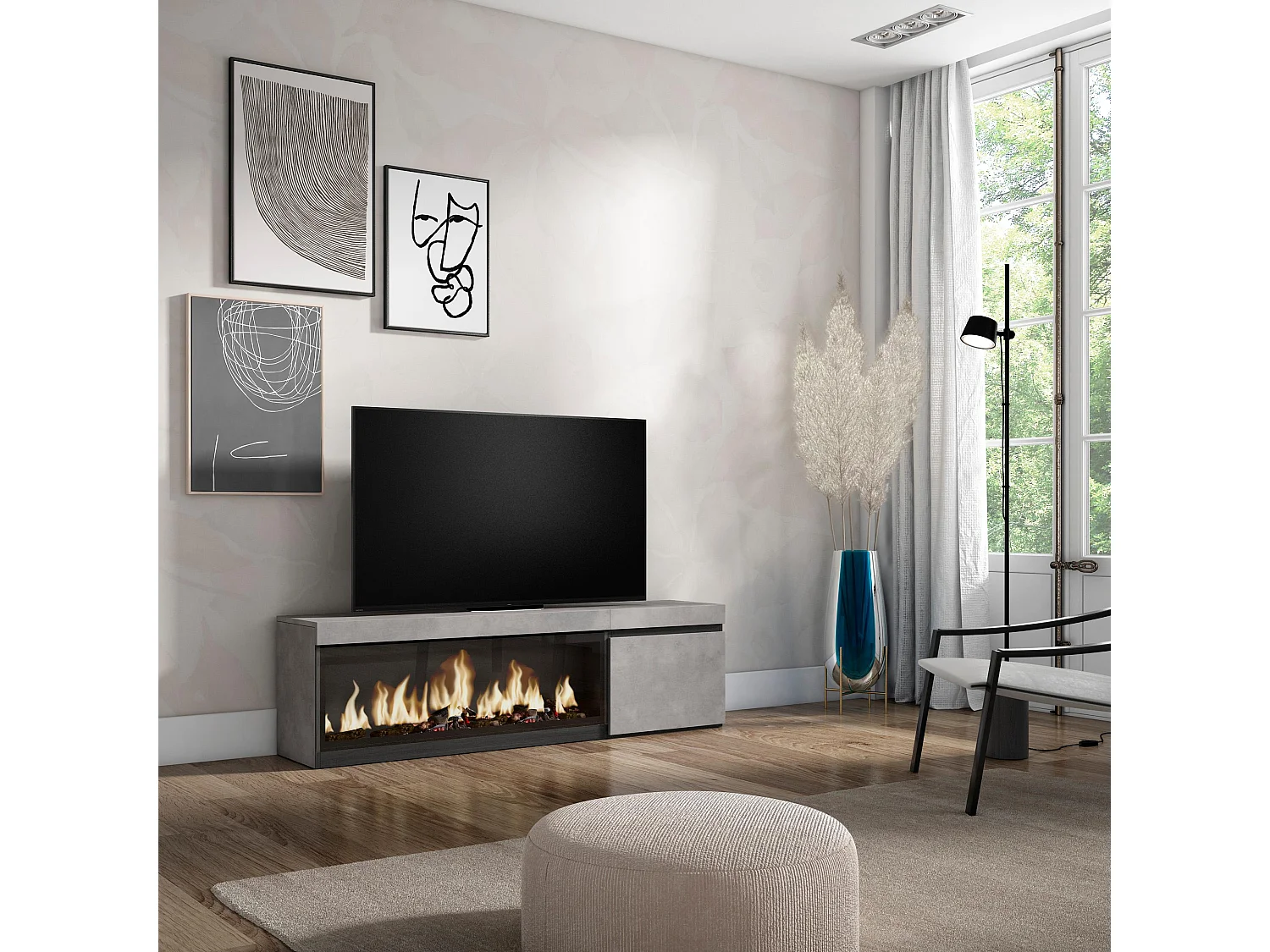 TV-Meubel, Lowboard, 158x35x45cm, Voor tv's tot 65", Elektrische haard XXL, Cement