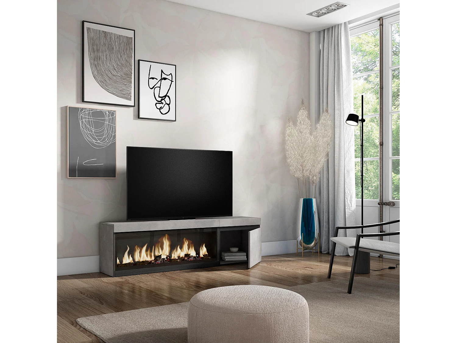 TV-Meubel, Lowboard, 158x35x45cm, Voor tv's tot 65", Elektrische haard XXL, Cement