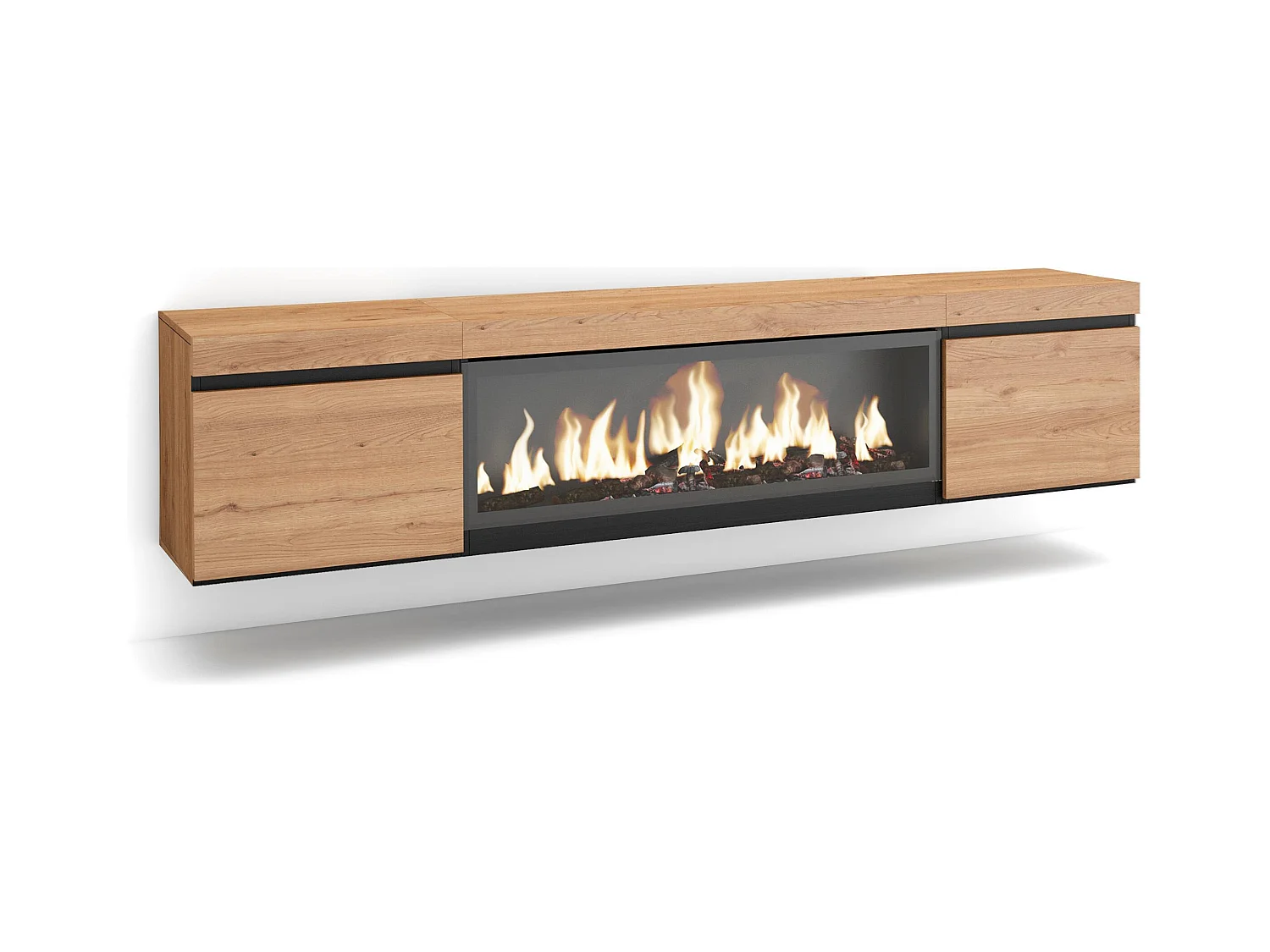 TV-Meubel, Lowboard, 208x35x45cm, Voor tv's tot 80", Elektrische haard XXL, Hangend, Eiken