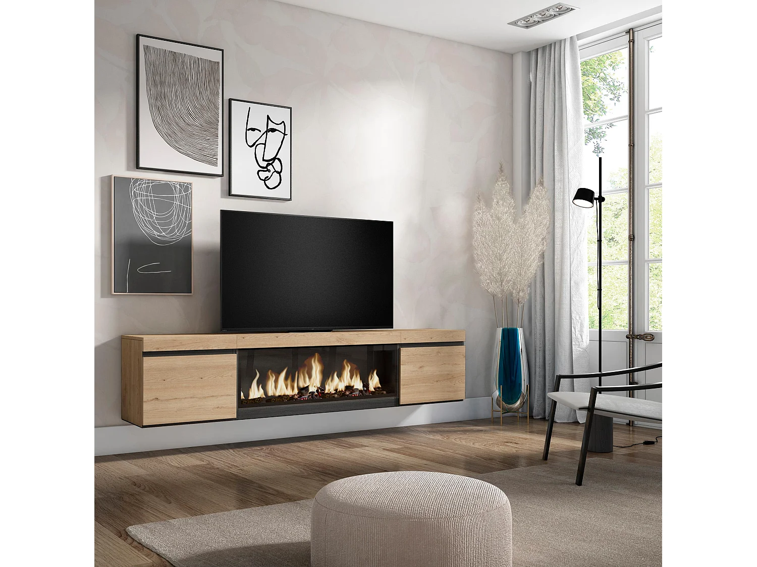 Meuble TV, Banc Télé, 208x35x45cm, Pour les TV jusqu'à 80", Cheminée électrique XXL, Suspendu, Mural, Chêne