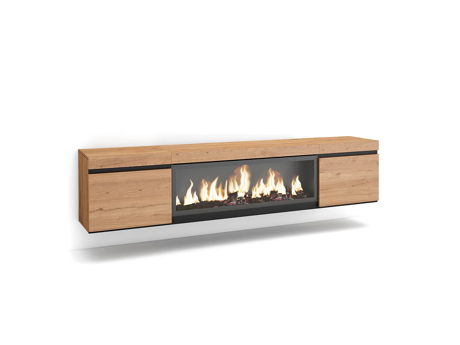 Meuble TV, Banc Télé, 208x35x45cm, Pour les TV jusqu'à 80", Cheminée électrique XXL, Suspendu, Mural, Chêne