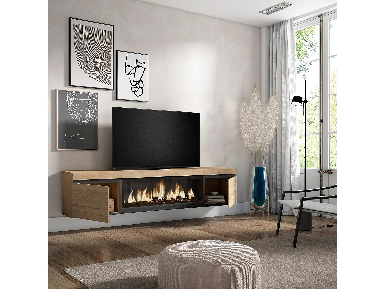 Meuble TV, Banc Télé, 208x35x45cm, Pour les TV jusqu'à 80", Cheminée électrique XXL, Suspendu, Mural, Chêne