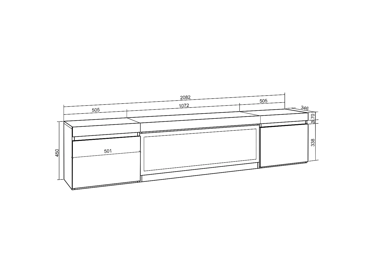 Meuble TV, Banc Télé, 208x35x45cm, Pour les TV jusqu'à 80", Cheminée électrique XXL, Suspendu, Mural, Chêne