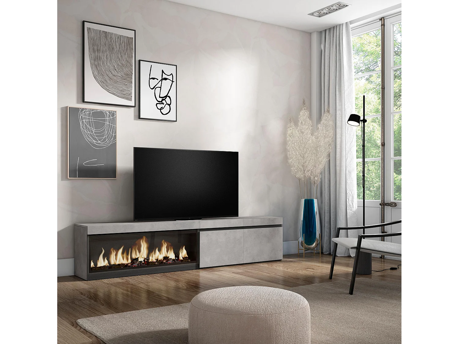 Meuble TV, Banc Télé, 208x35x45cm, Pour les TV jusqu'à 80", Cheminée électrique XXL, Ciment