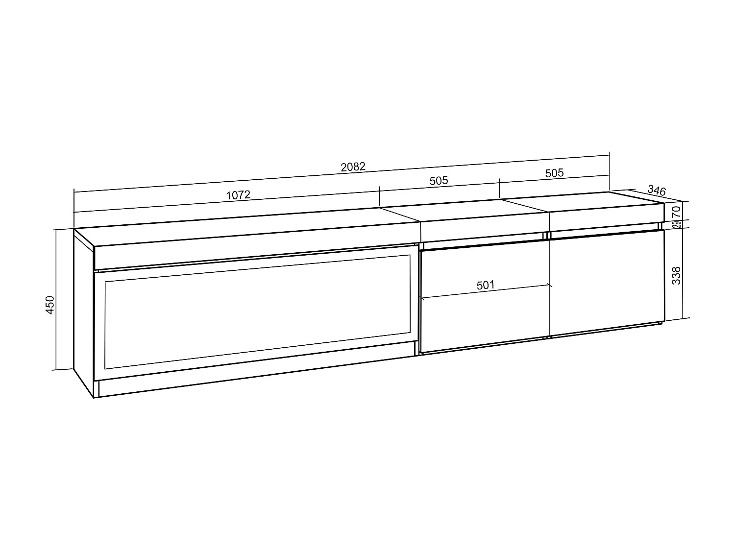 Meuble TV, Banc Télé, 208x35x45cm, Pour les TV jusqu'à 80", Cheminée électrique XXL, Ciment