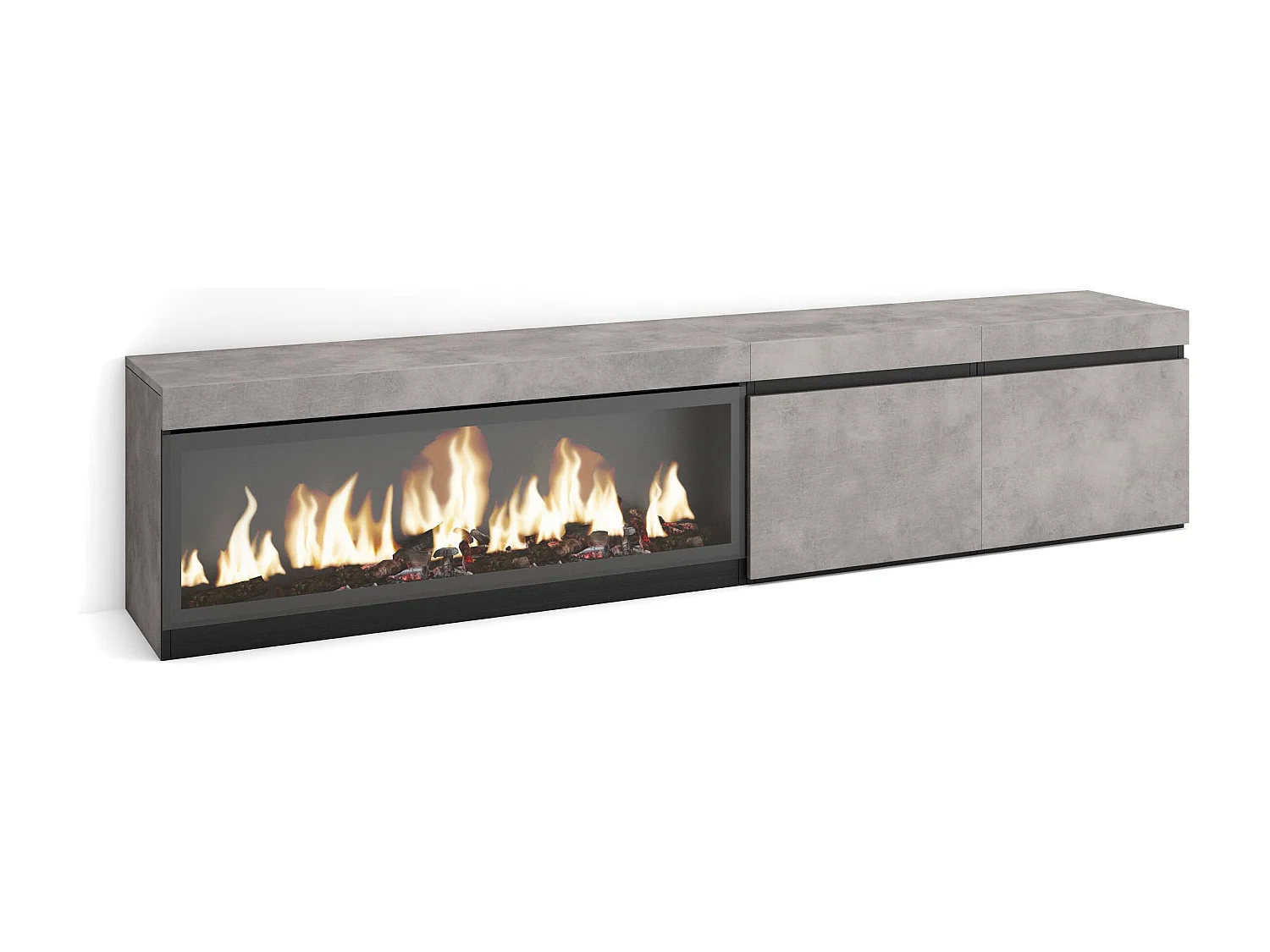 TV-Meubel, Lowboard, 208x35x45cm, Voor tv's tot 80", Elektrische haard XXL, Cement