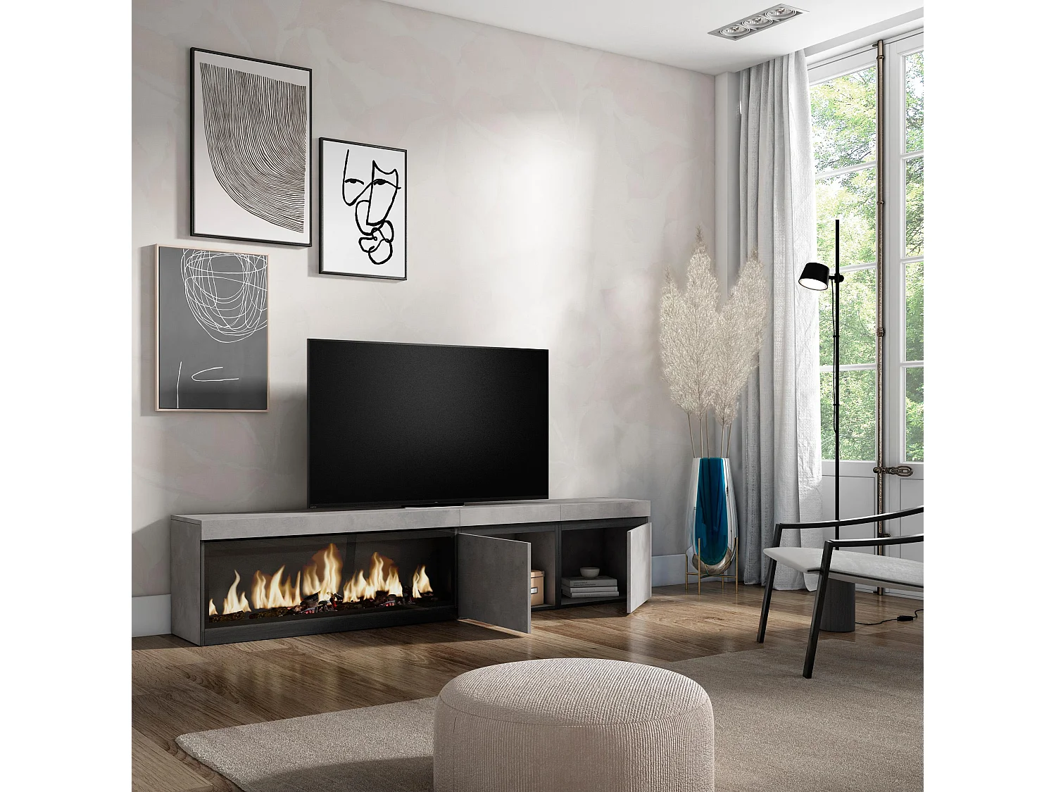 TV-Meubel, Lowboard, 208x35x45cm, Voor tv's tot 80", Elektrische haard XXL, Cement