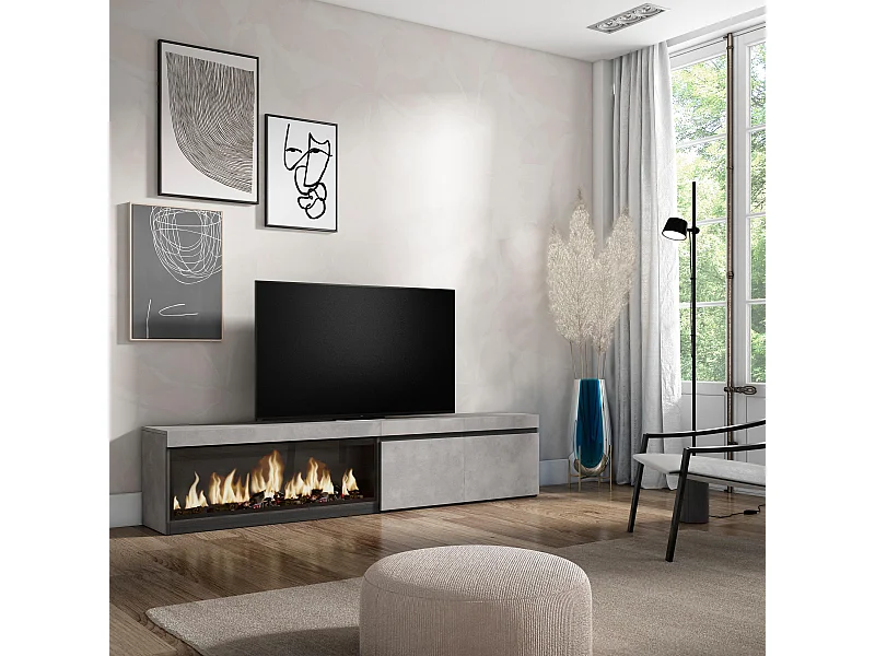 TV-Meubel, Lowboard, 208x35x45cm, Voor tv's tot 80", Elektrische haard XXL, Cement