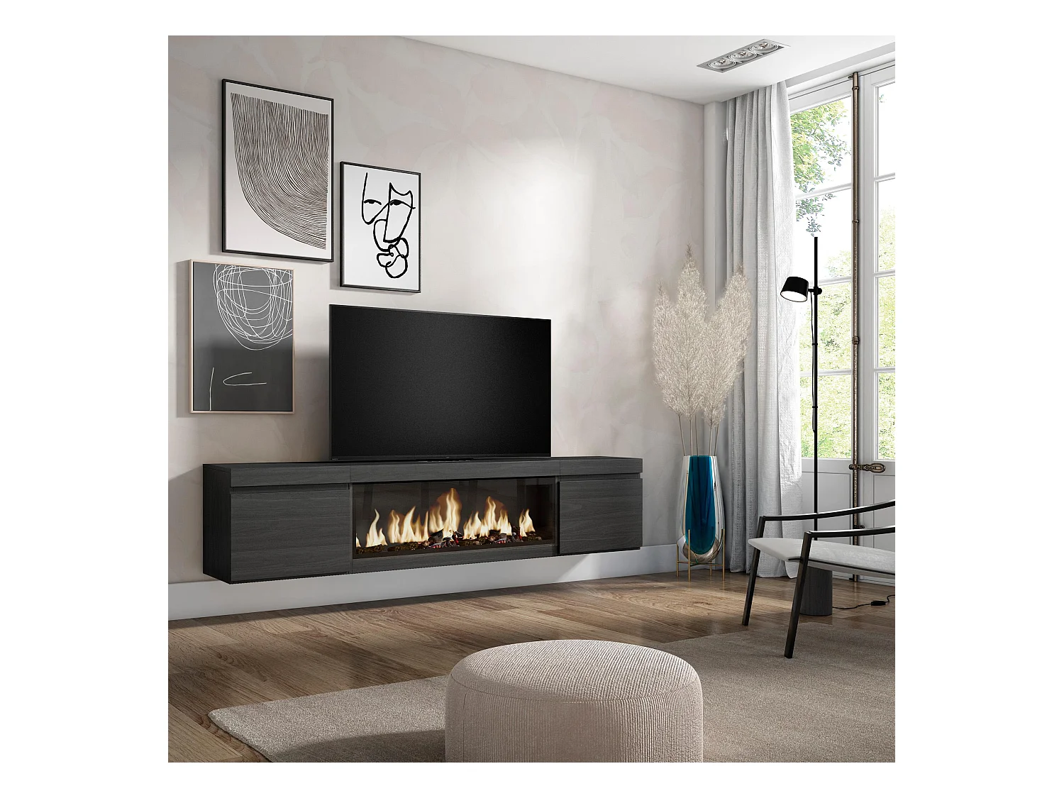 TV-Meubel, Lowboard, 208x35x45cm, Voor tv's tot 80", Elektrische haard XXL, Hangend, Zwart