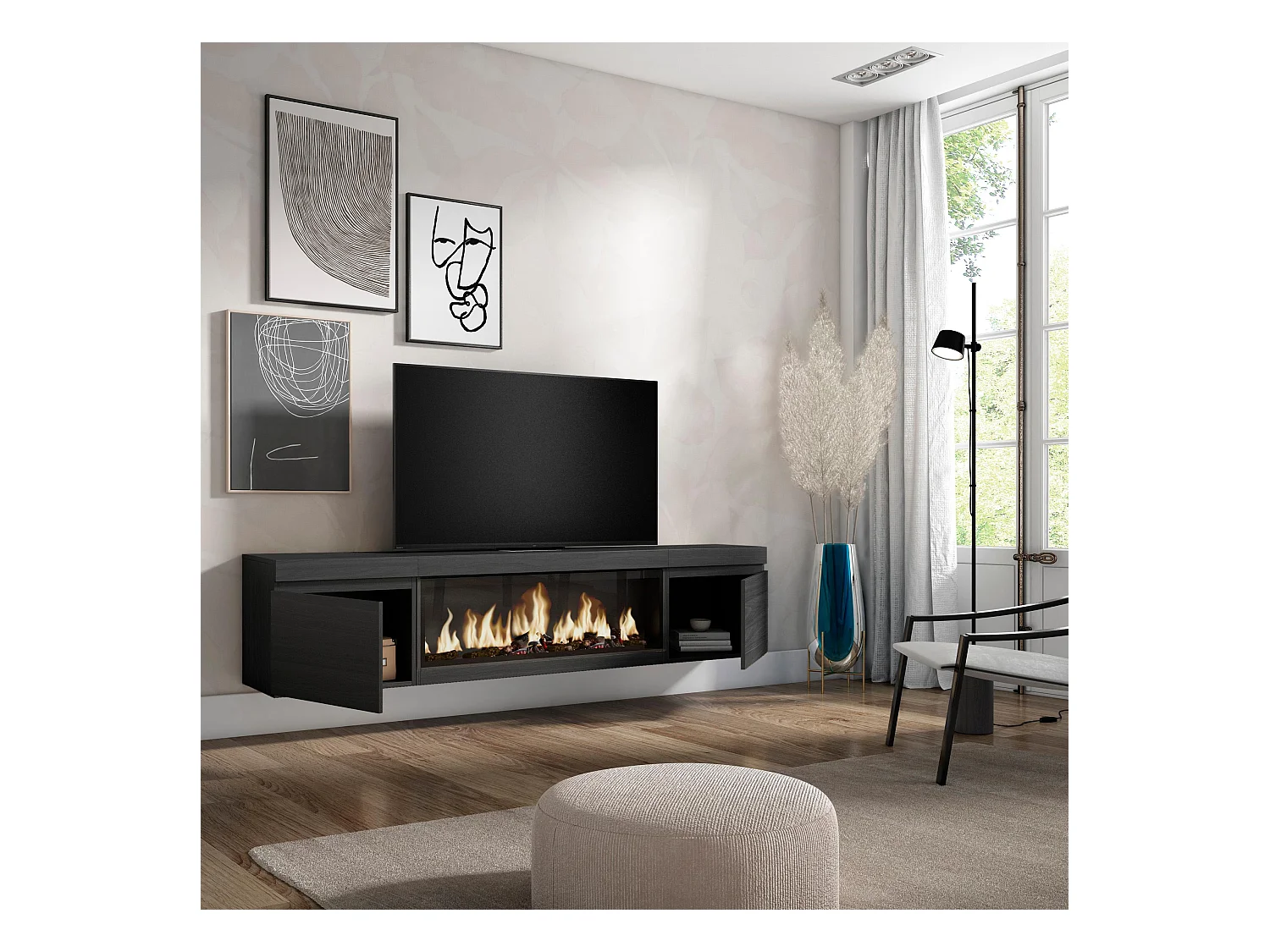 TV-Meubel, Lowboard, 208x35x45cm, Voor tv's tot 80", Elektrische haard XXL, Hangend, Zwart