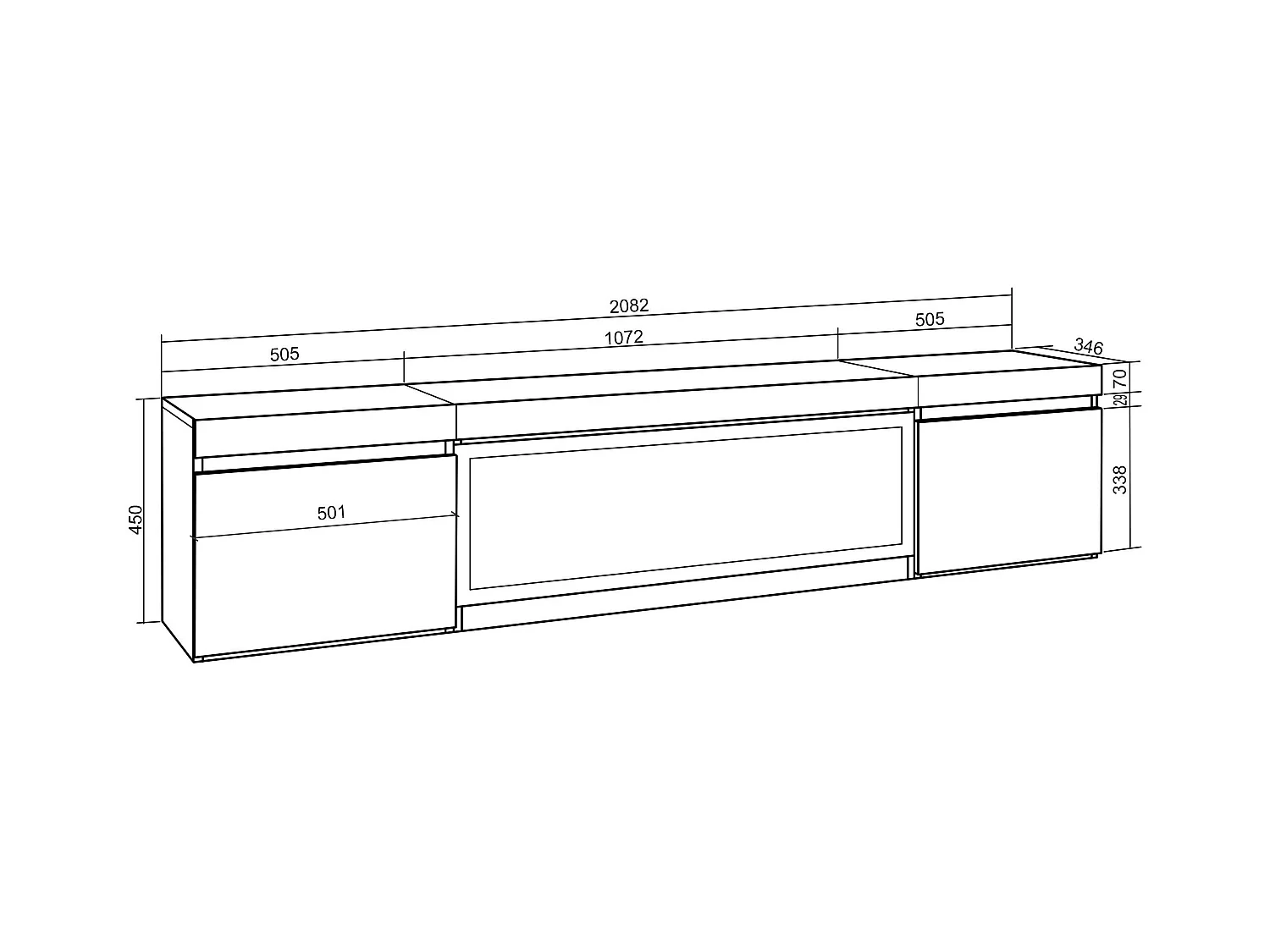 TV-Meubel, Lowboard, 208x35x45cm, Voor tv's tot 80", Elektrische haard XXL, Hangend, Zwart