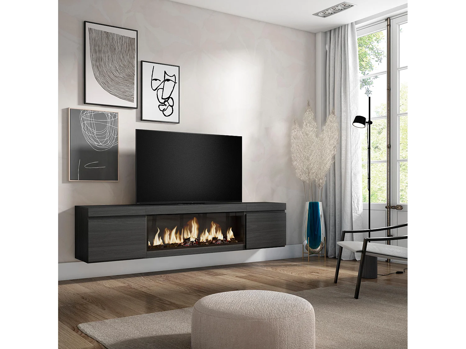 Meuble TV, Banc Télé, 208x35x45cm, Pour les TV jusqu'à 80", Cheminée électrique XXL, Suspendu, Mural, Noir