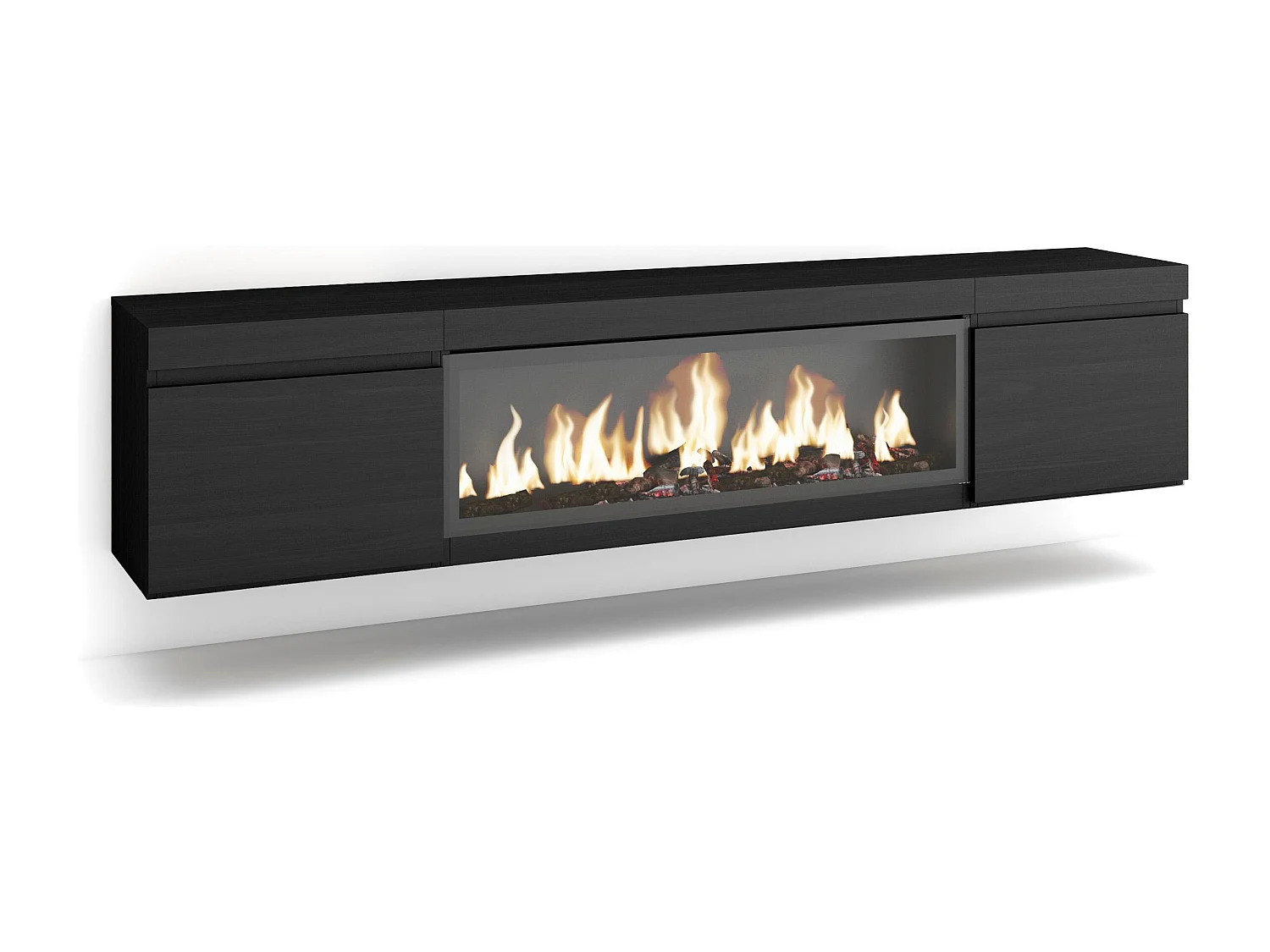 Meuble TV, Banc Télé, 208x35x45cm, Pour les TV jusqu'à 80", Cheminée électrique XXL, Suspendu, Mural, Noir