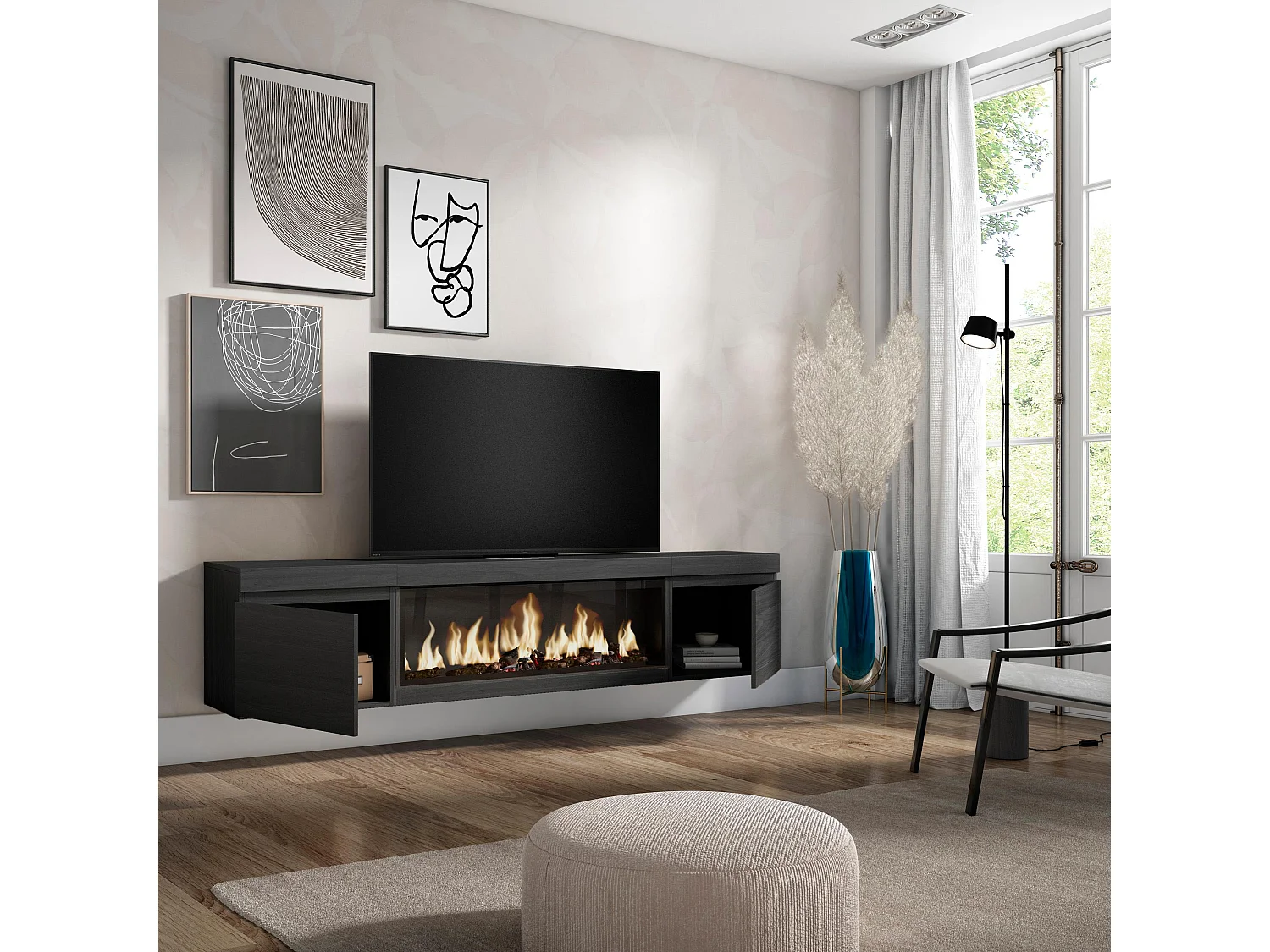 Meuble TV, Banc Télé, 208x35x45cm, Pour les TV jusqu'à 80", Cheminée électrique XXL, Suspendu, Mural, Noir