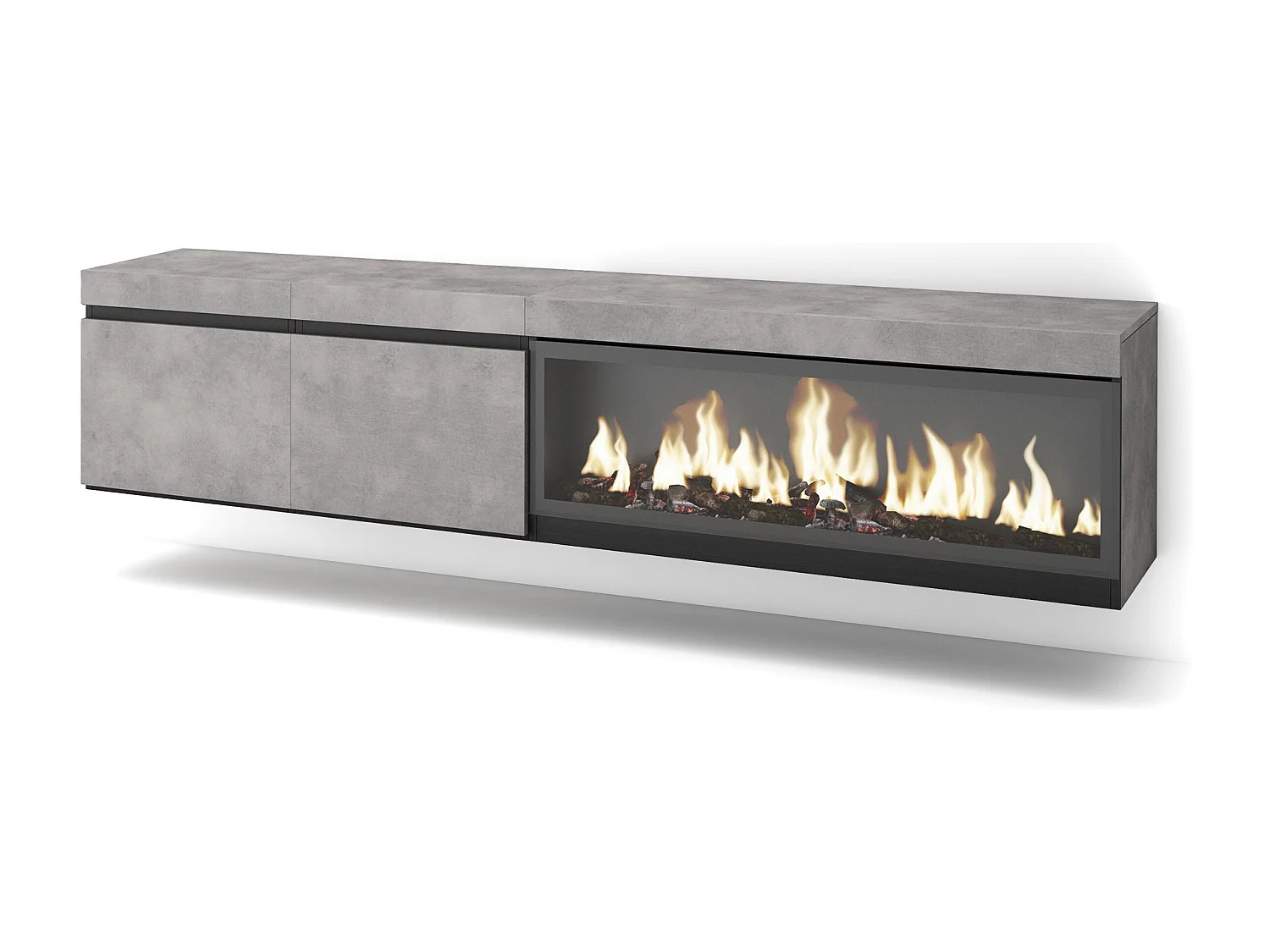 TV-Meubel, Lowboard, 208x35x45cm, Voor tv's tot 80", Elektrische haard XXL, Hangend, Cement