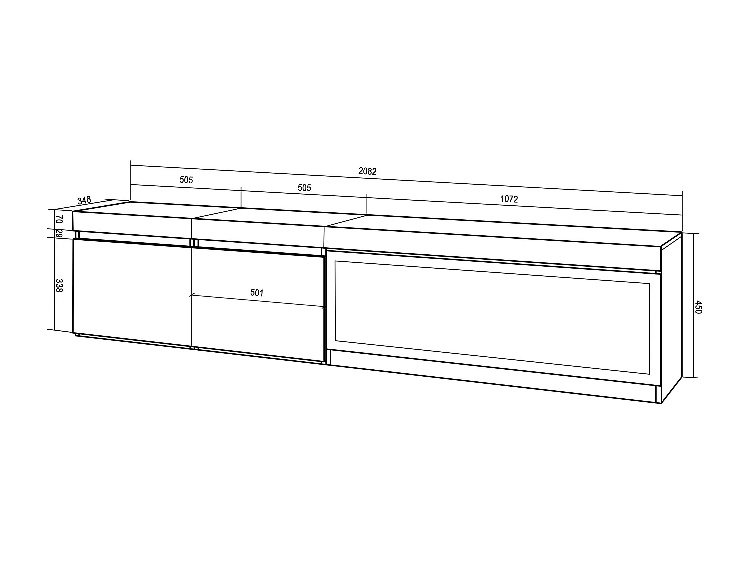 Mobile TV Soggiorno, 208x35x45cm, Per TV fino a 80", Camino elettrico XXL, Sospeso, da appendere, Cemento