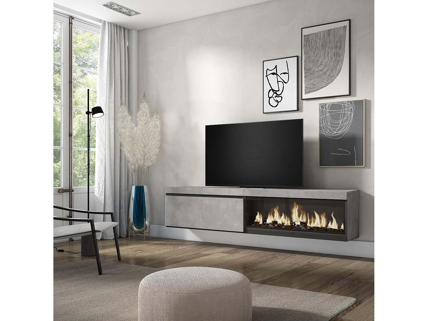 Meuble TV, Banc Télé, 208x35x45cm, Pour les TV jusqu'à 80", Cheminée électrique XXL, Suspendu, Mural, Ciment