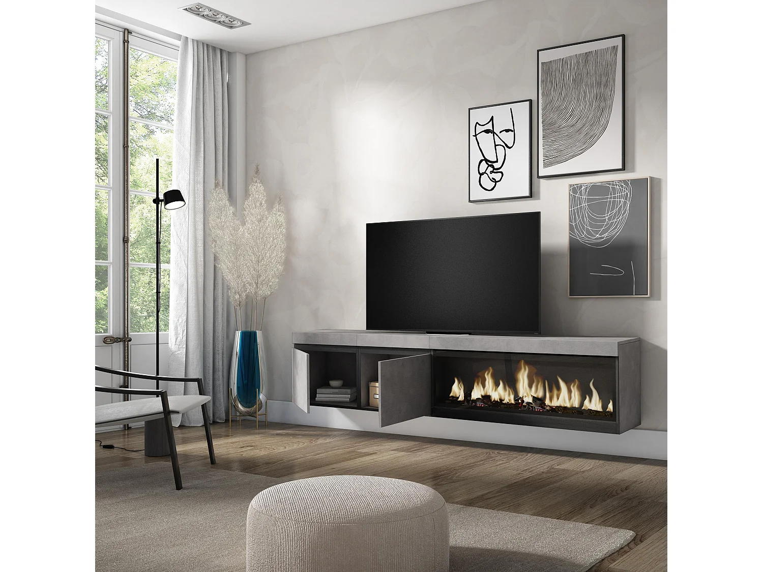 Meuble TV, Banc Télé, 208x35x45cm, Pour les TV jusqu'à 80", Cheminée électrique XXL, Suspendu, Mural, Ciment
