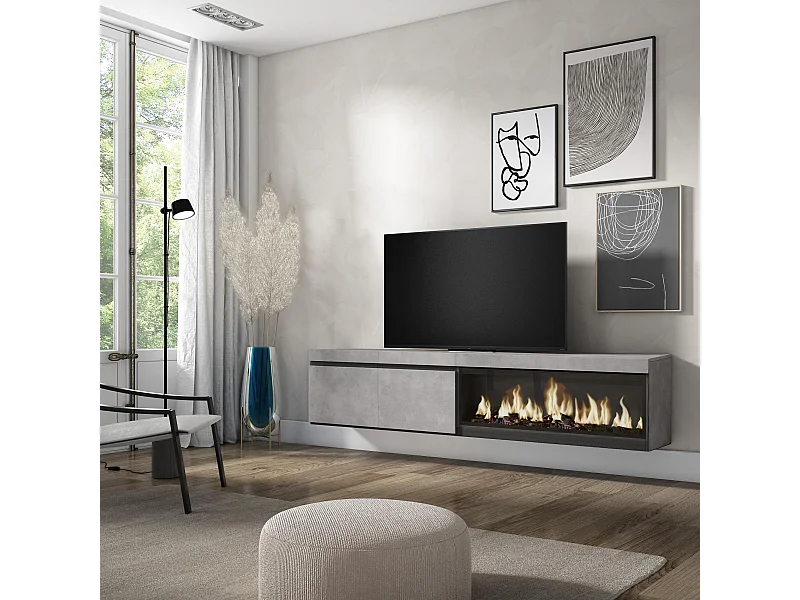 TV-Schrank, Lowboard, 208x35x45cm, Für TV-Geräte bis zu 80", Elektrokamin XXL, Hängend, Zement