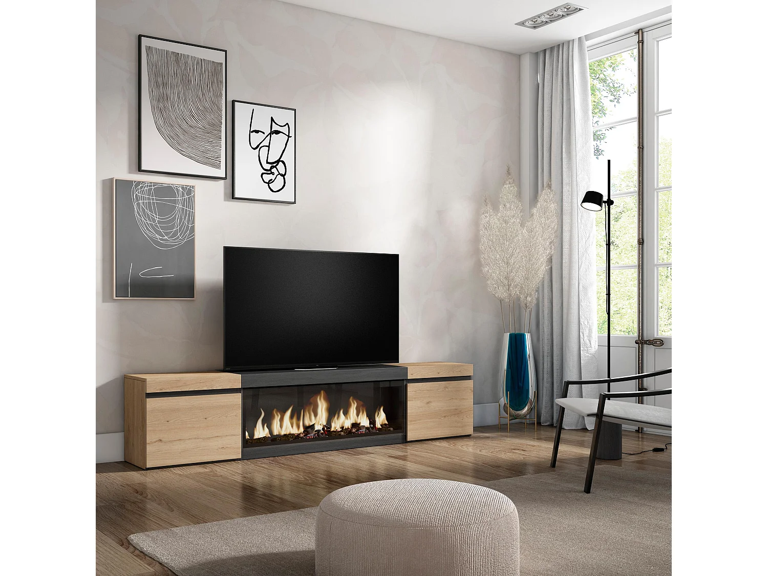 Meuble TV, Banc Télé, 208x35x45cm, Pour les TV jusqu'à 80", Cheminée électrique XXL, Chêne et noir