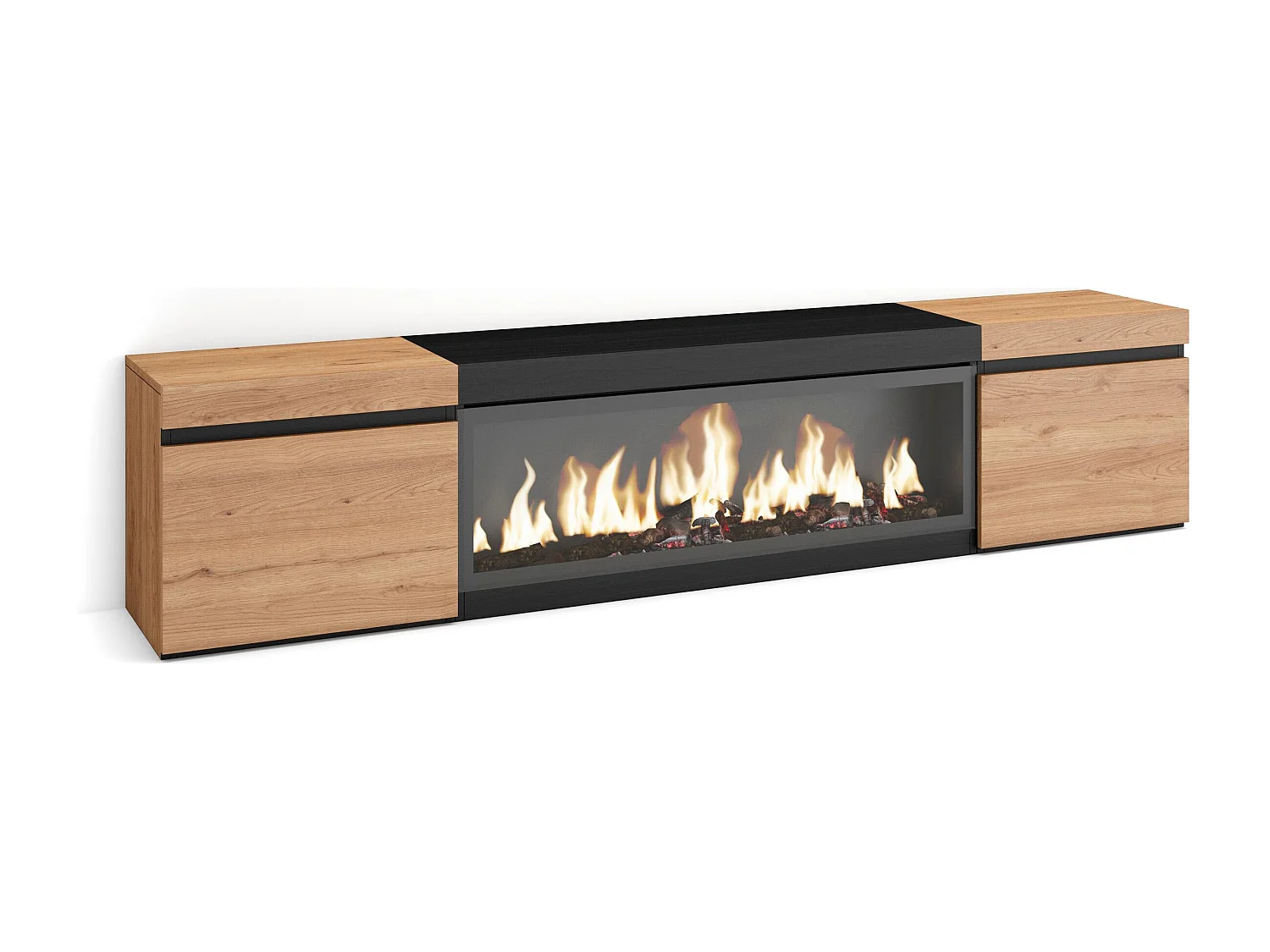 Meuble TV, Banc Télé, 208x35x45cm, Pour les TV jusqu'à 80", Cheminée électrique XXL, Chêne et noir