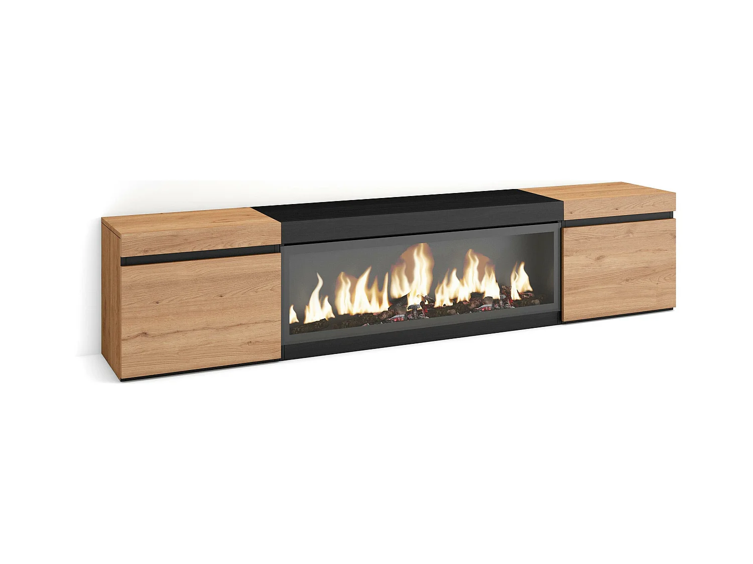 Meuble TV, Banc Télé, 208x35x45cm, Pour les TV jusqu'à 80", Cheminée électrique XXL, Chêne et noir