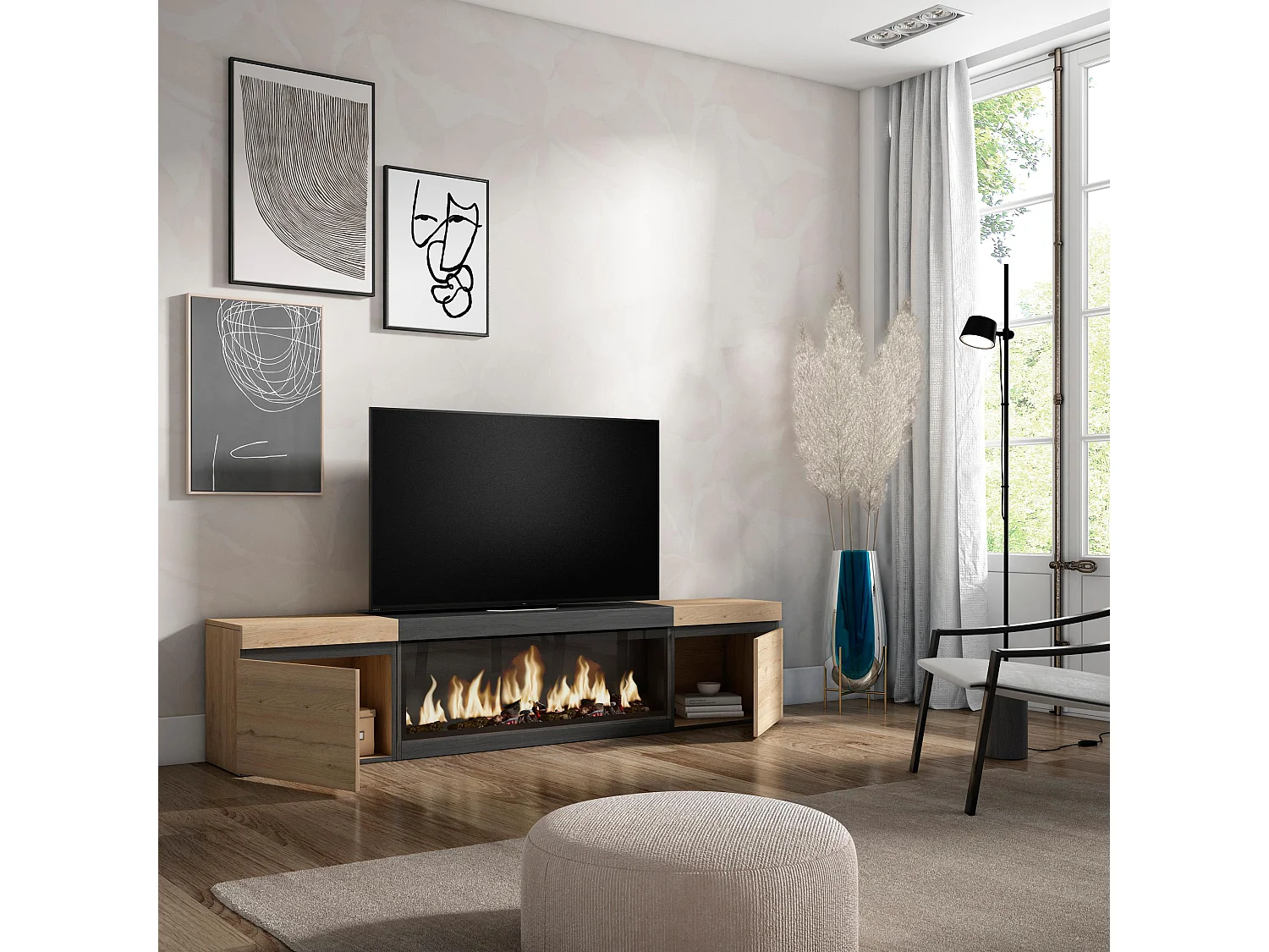 Meuble TV, Banc Télé, 208x35x45cm, Pour les TV jusqu'à 80", Cheminée électrique XXL, Chêne et noir