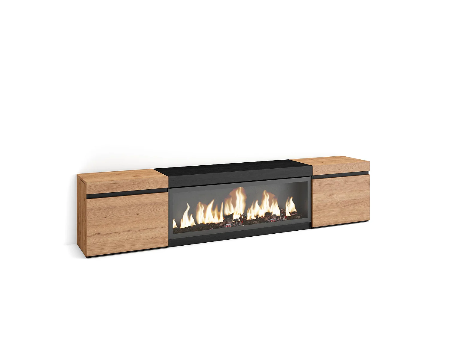 Mobile TV Soggiorno, 208x35x45cm, Per TV fino a 80", Camino elettrico XXL, Rovere e nero