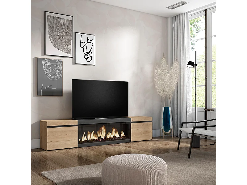 TV-Schrank, Lowboard, 208x35x45cm, Für TV-Geräte bis zu 80", Elektrokamin XXL, Eiche Schwarz